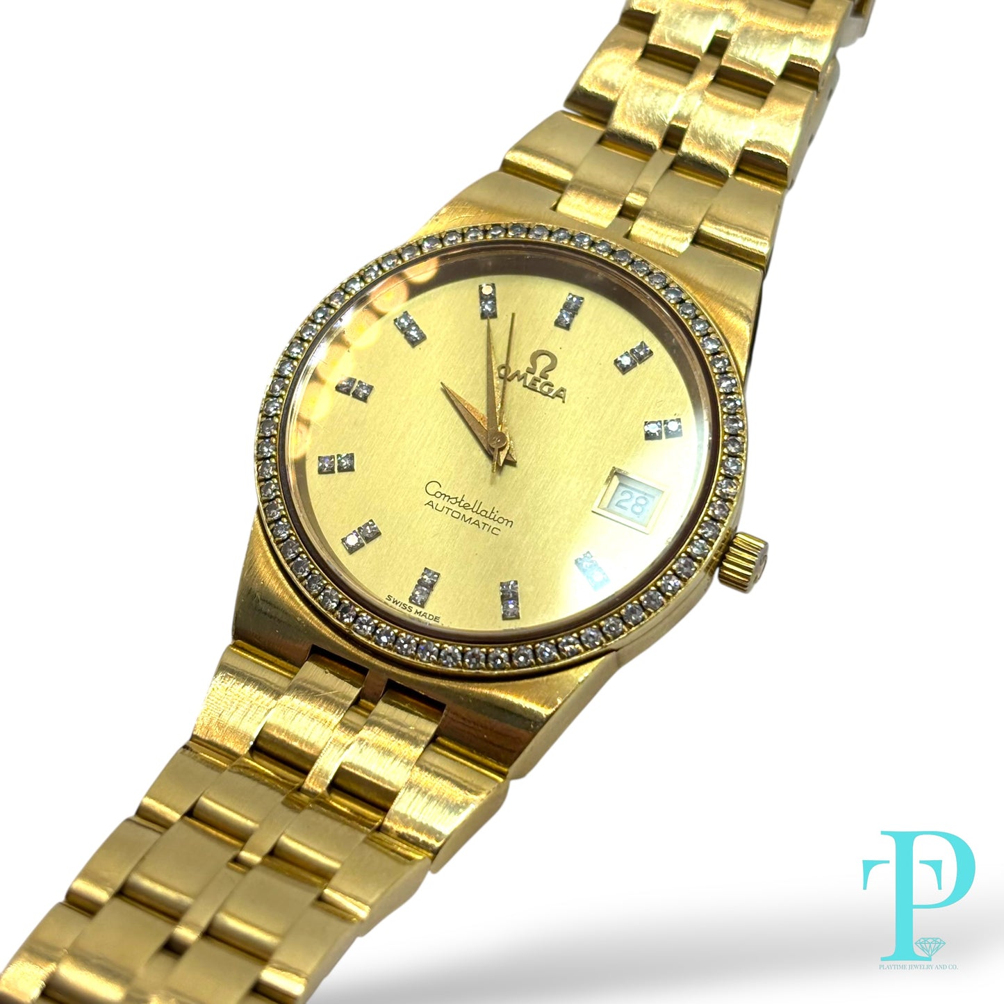 36MM OMEGA CONSTELLATION SOLID 18KT YELLOW GOLD / FACTORY DIAMOND SETTING / CHAMPAGNE DIAL DIAMOND HOUR MARKERS