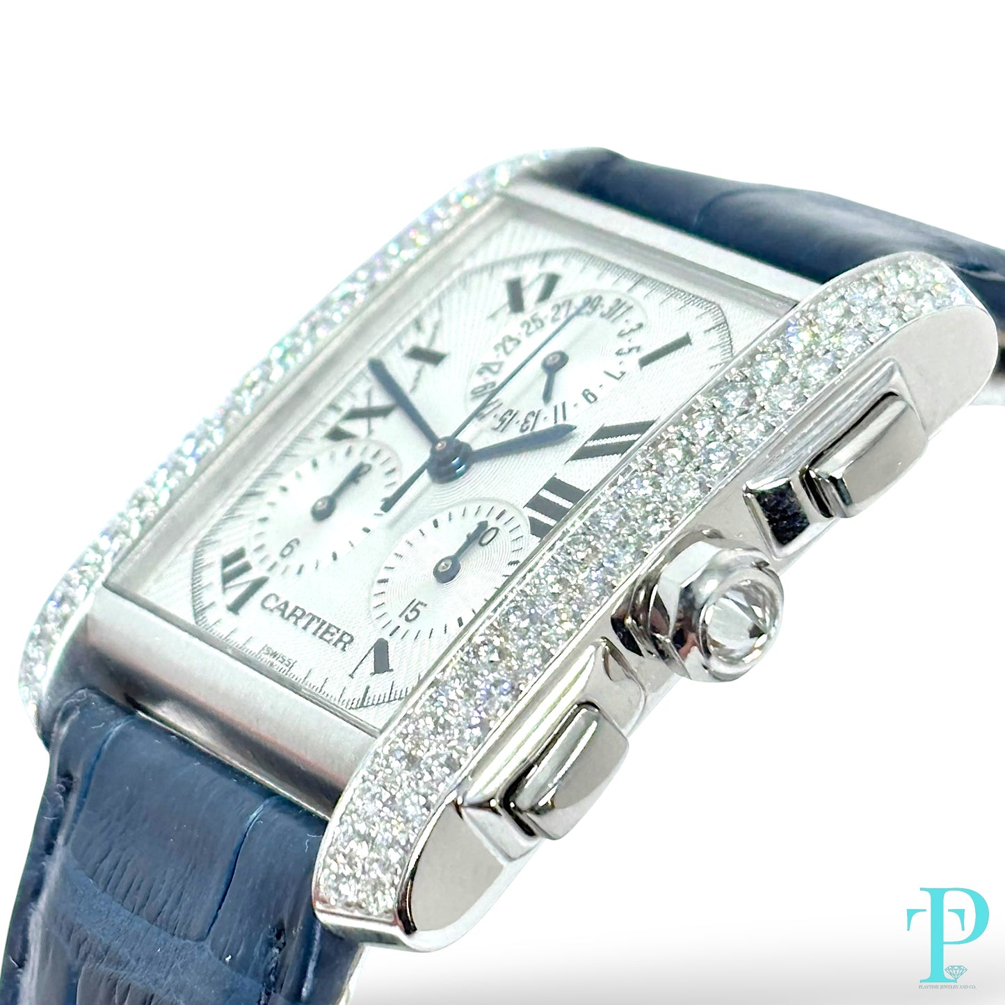 28MM CARTIER TANK FRANÇAISE CHRONOFLEX / 18KT WHITE GOLD / FACTORY DIAMOND BEZEL