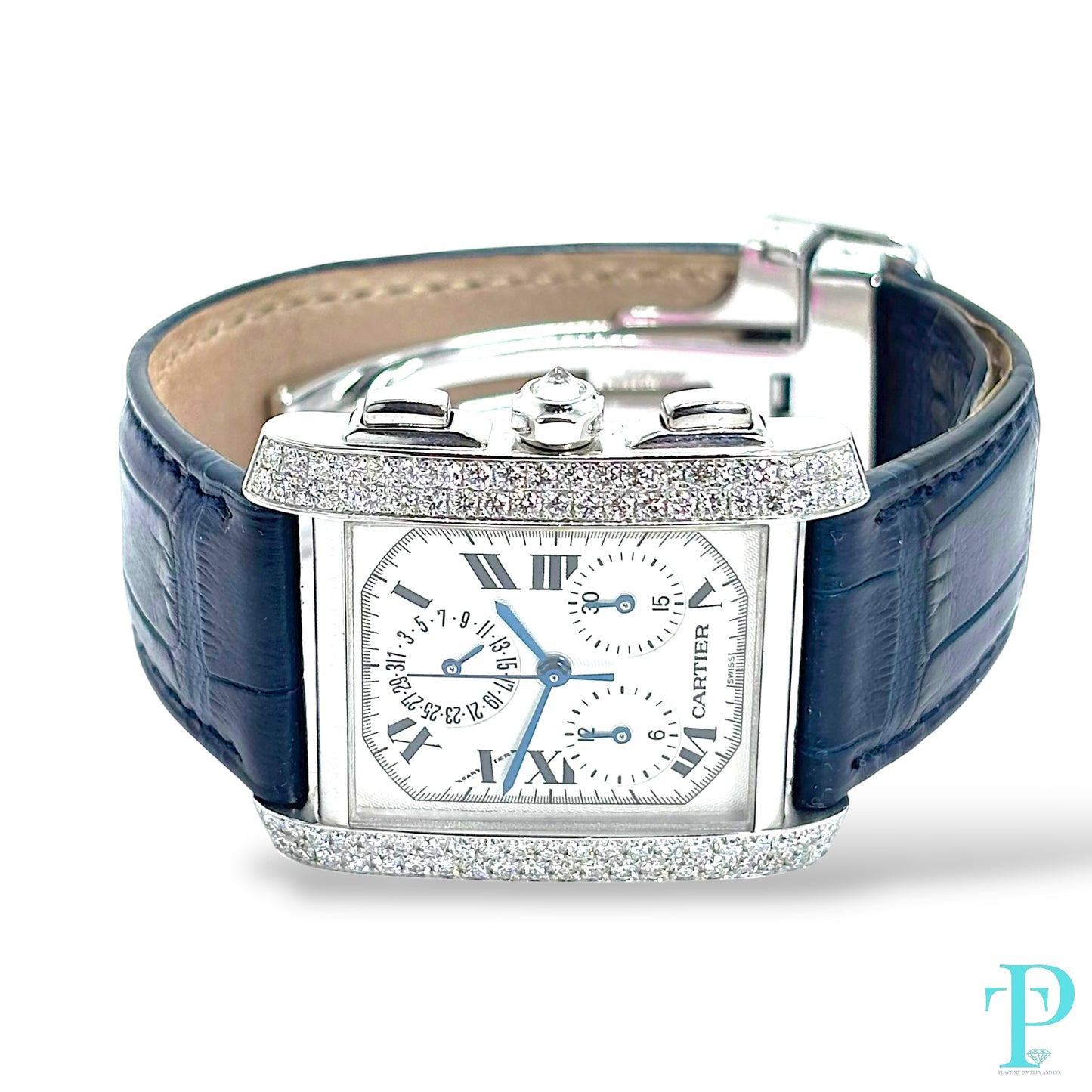 28MM CARTIER TANK FRANÇAISE CHRONOFLEX / 18KT WHITE GOLD / FACTORY DIAMOND BEZEL