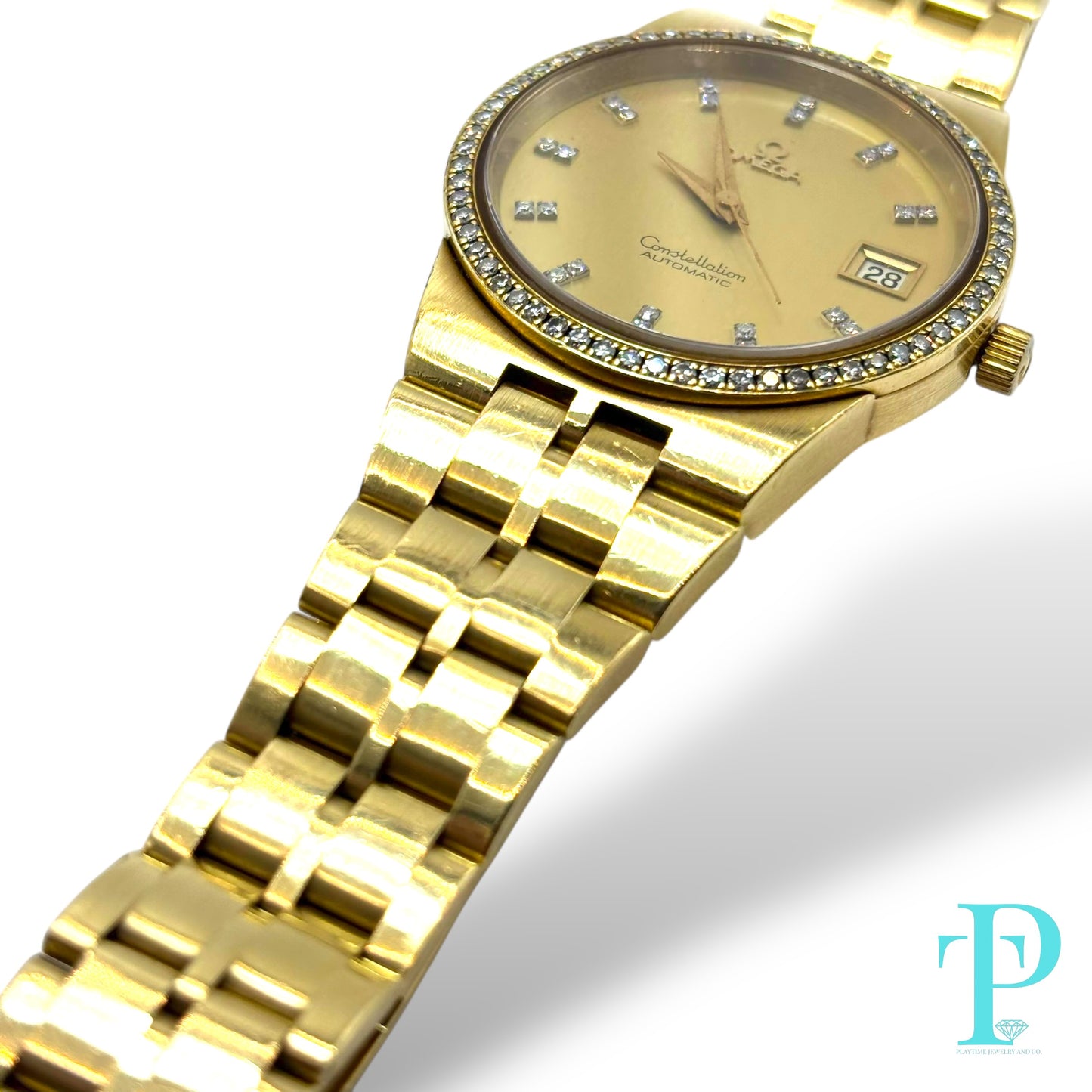 36MM OMEGA CONSTELLATION SOLID 18KT YELLOW GOLD / FACTORY DIAMOND SETTING / CHAMPAGNE DIAL DIAMOND HOUR MARKERS
