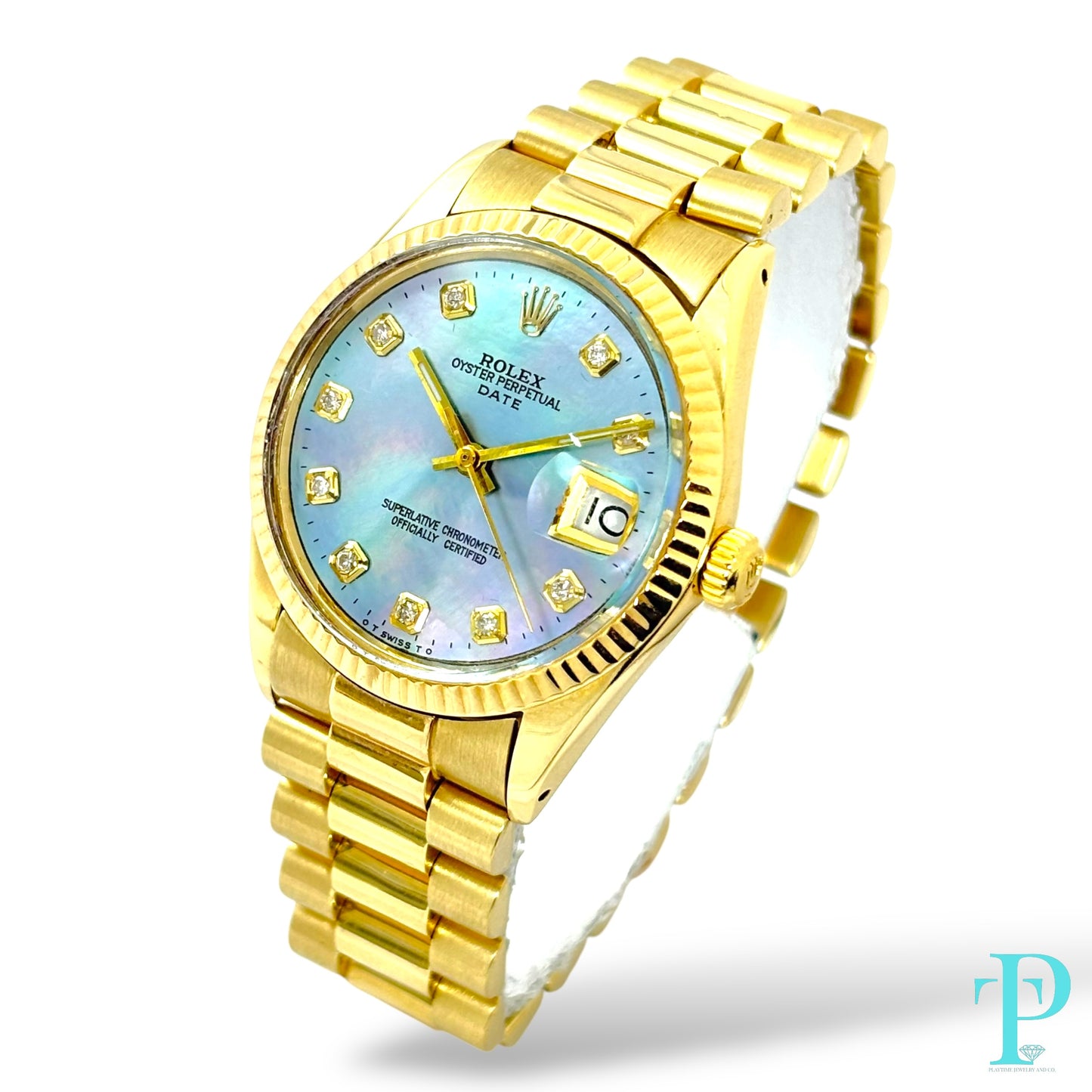34MM ROLEX DATE REF.1510 / 14KT SOLID GOLD / MOP DIAL / PRESIDENTIAL BRACELET / AUTOMATIC