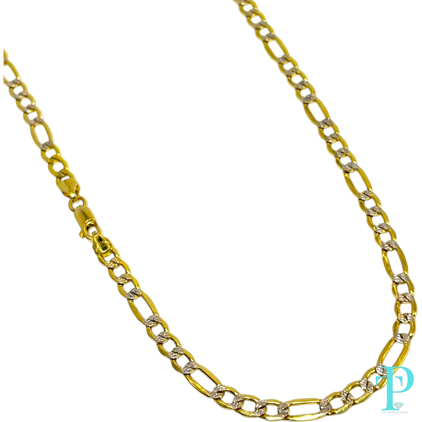 5MM 14KT HOLLOW YELLOW GOLD TWO TONE DIAMOND CUT FIGARO LINK CHAIN 10.79g 22”
