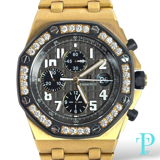 AUDEMARS PIAGUET ROYAL OAK OFFSHORE 44MM / 18KT ROSE GOLD / FACTORY DIAMOND BLACK RUBBER BEZEL / CHRONOGRAPH/ AUTOMATIC