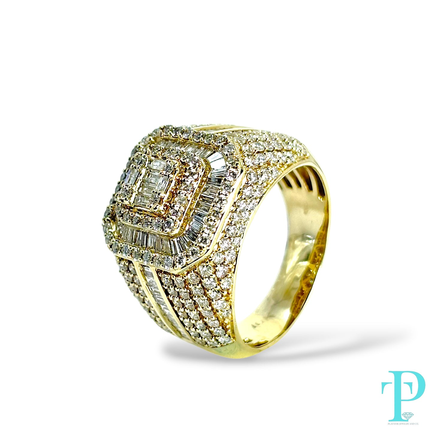14KT GOLD MENS SQUARE TOP RING VVS-1 DIAMONDS