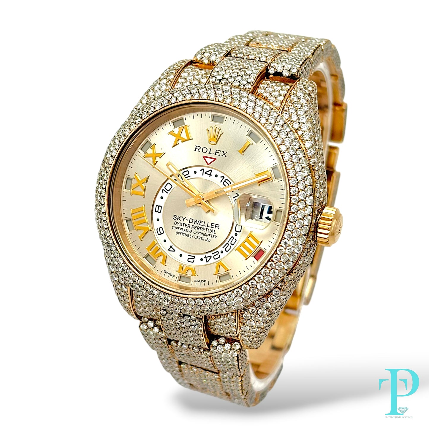 42MM 18KT ROSE GOLD ROLEX SKY-DWELLER PAVE VVS-1 DIAMOND BUSTDOWN MENS WATCH