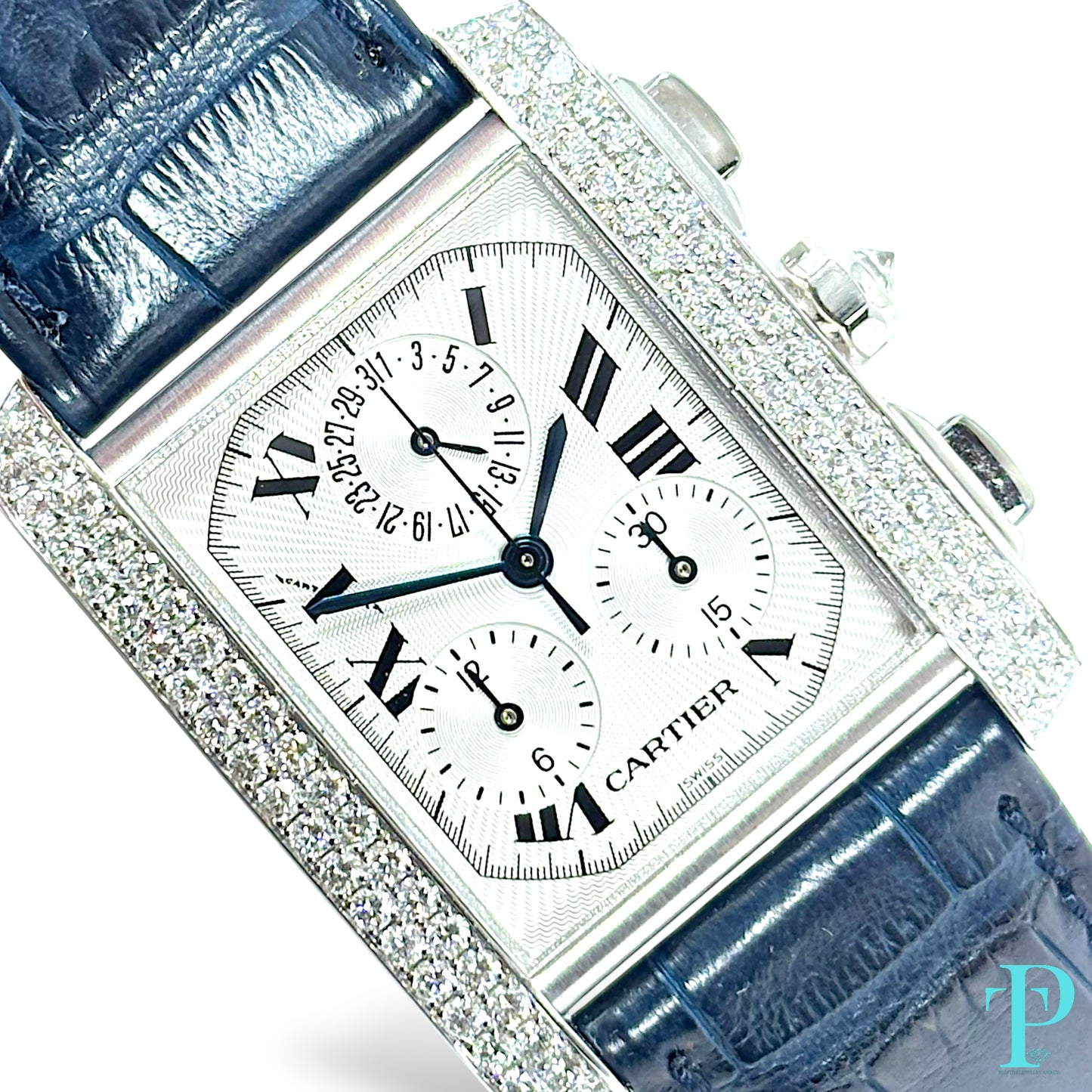 28MM CARTIER TANK FRANÇAISE CHRONOFLEX / 18KT WHITE GOLD / FACTORY DIAMOND BEZEL