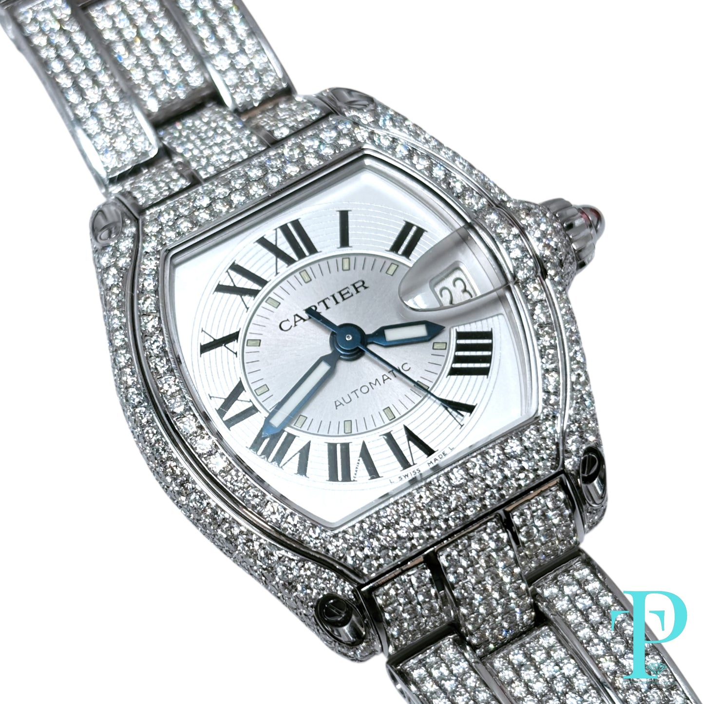 38MM CARTIER ROADSTER BUSTDOWN/DIAMOND ENCRUSTED REF. 2510 STAINLESS STEEL / WHITE ROMAN DIAL / AUTOMATIC MOVEMENT