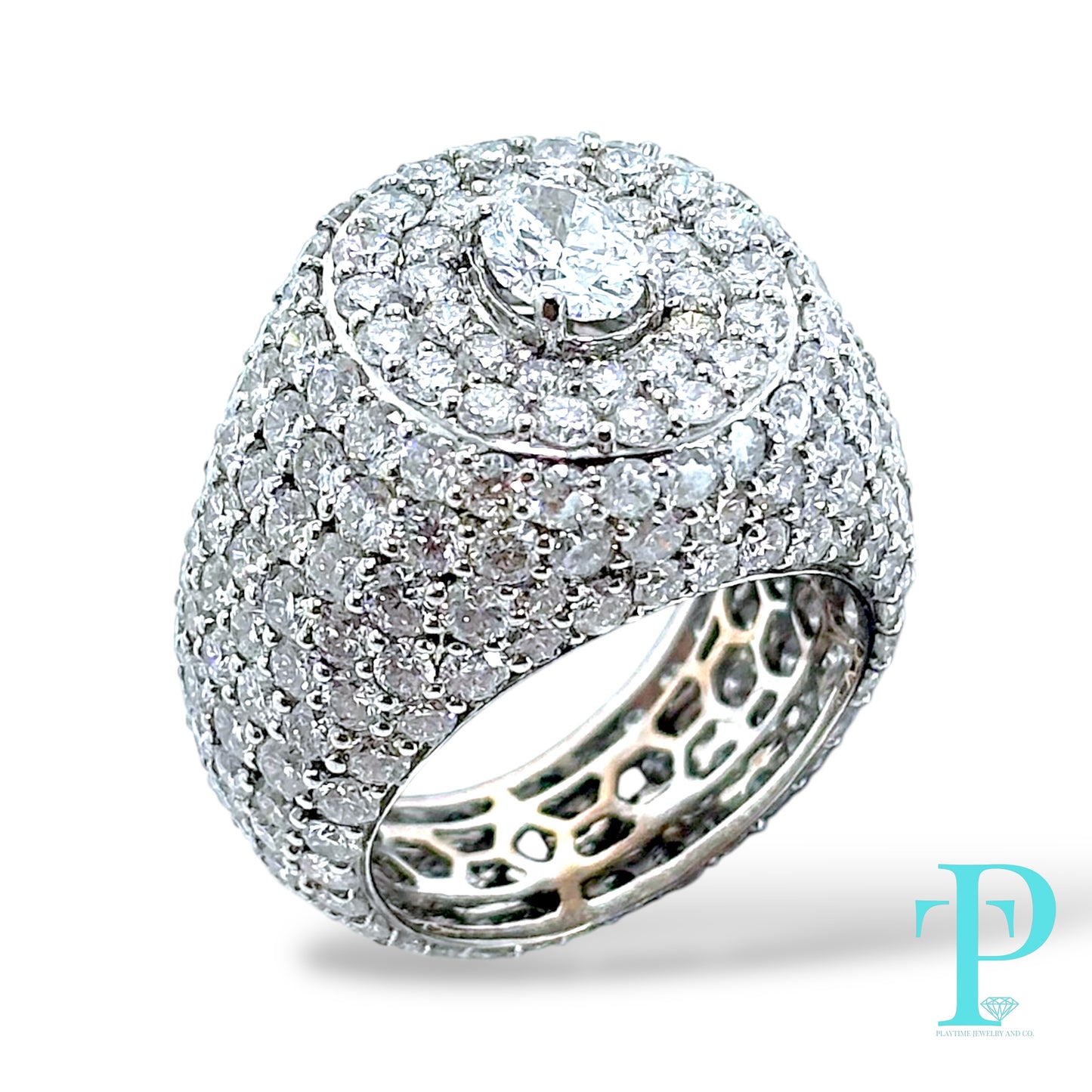 14KT WHITE GOLD “ICEBERG” RING 9.22CTW VVS-1 LAB-GROWN DIAMOND SIGNET RING