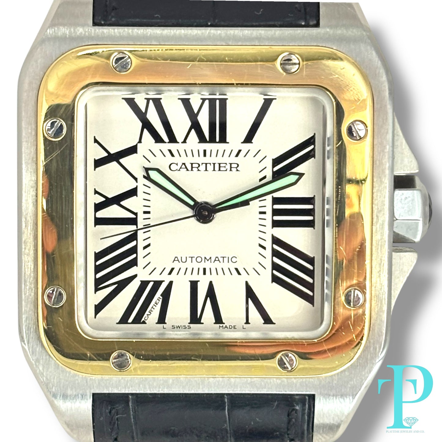 41MM CARTIER SANTOS 100 XL / 18KT YELLOW GOLD / STAINLESS STEEL / WHITE ROMAN DIAL / LEATHER BRACELET / AUTOMATIC MOVEMENT