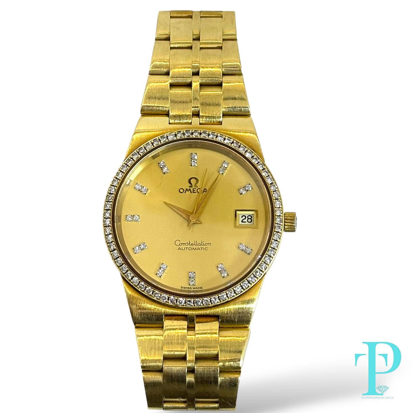 36MM OMEGA CONSTELLATION SOLID 18KT YELLOW GOLD / FACTORY DIAMOND SETTING / CHAMPAGNE DIAL DIAMOND HOUR MARKERS