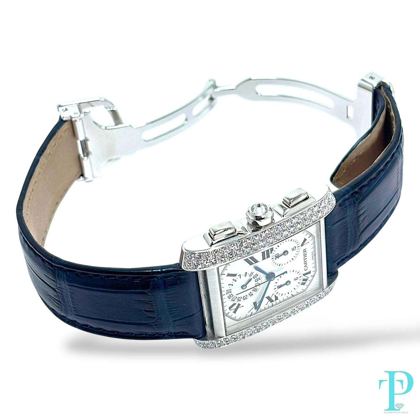 28MM CARTIER TANK FRANÇAISE CHRONOFLEX / 18KT WHITE GOLD / FACTORY DIAMOND BEZEL