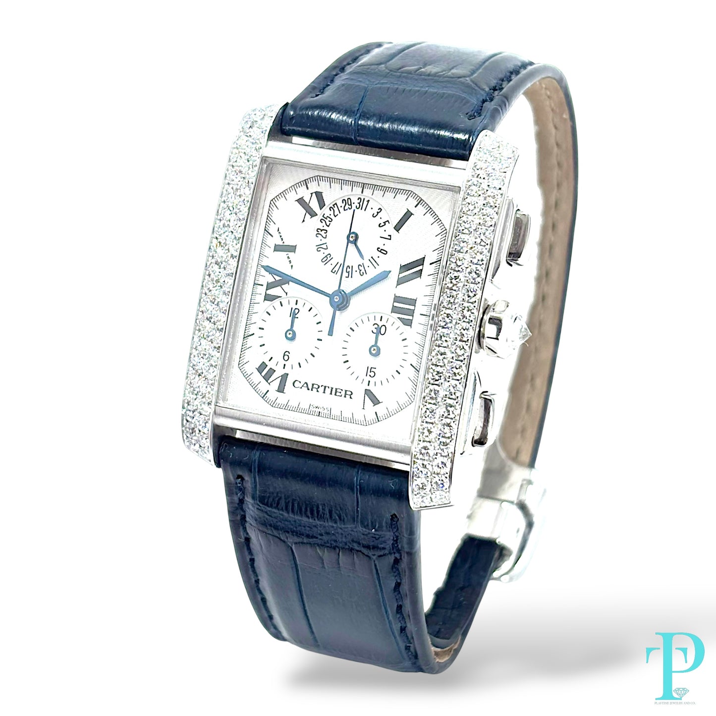 28MM CARTIER TANK FRANÇAISE CHRONOFLEX / 18KT WHITE GOLD / FACTORY DIAMOND BEZEL