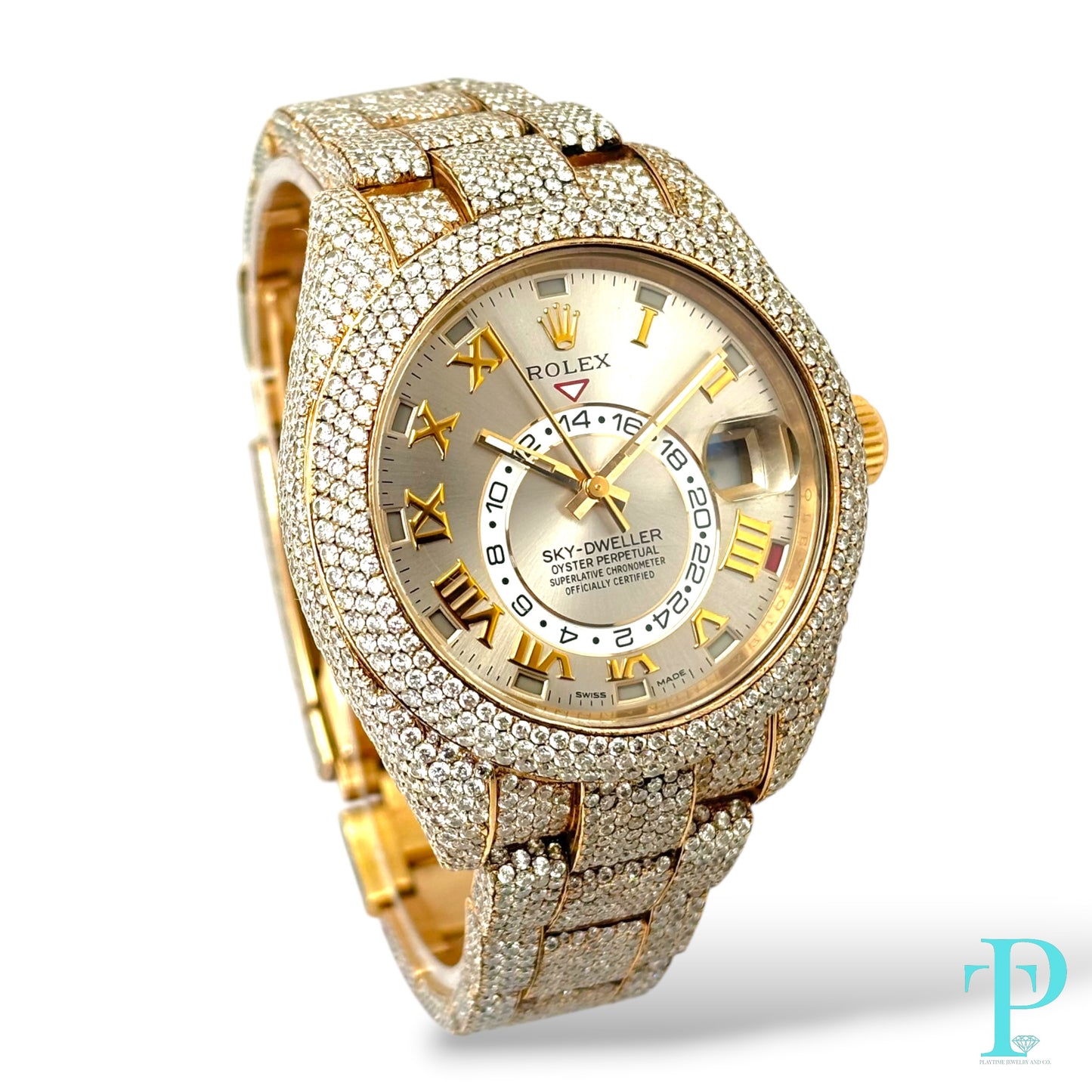 42MM 18KT ROSE GOLD ROLEX SKY-DWELLER PAVE VVS-1 DIAMOND BUSTDOWN MENS WATCH