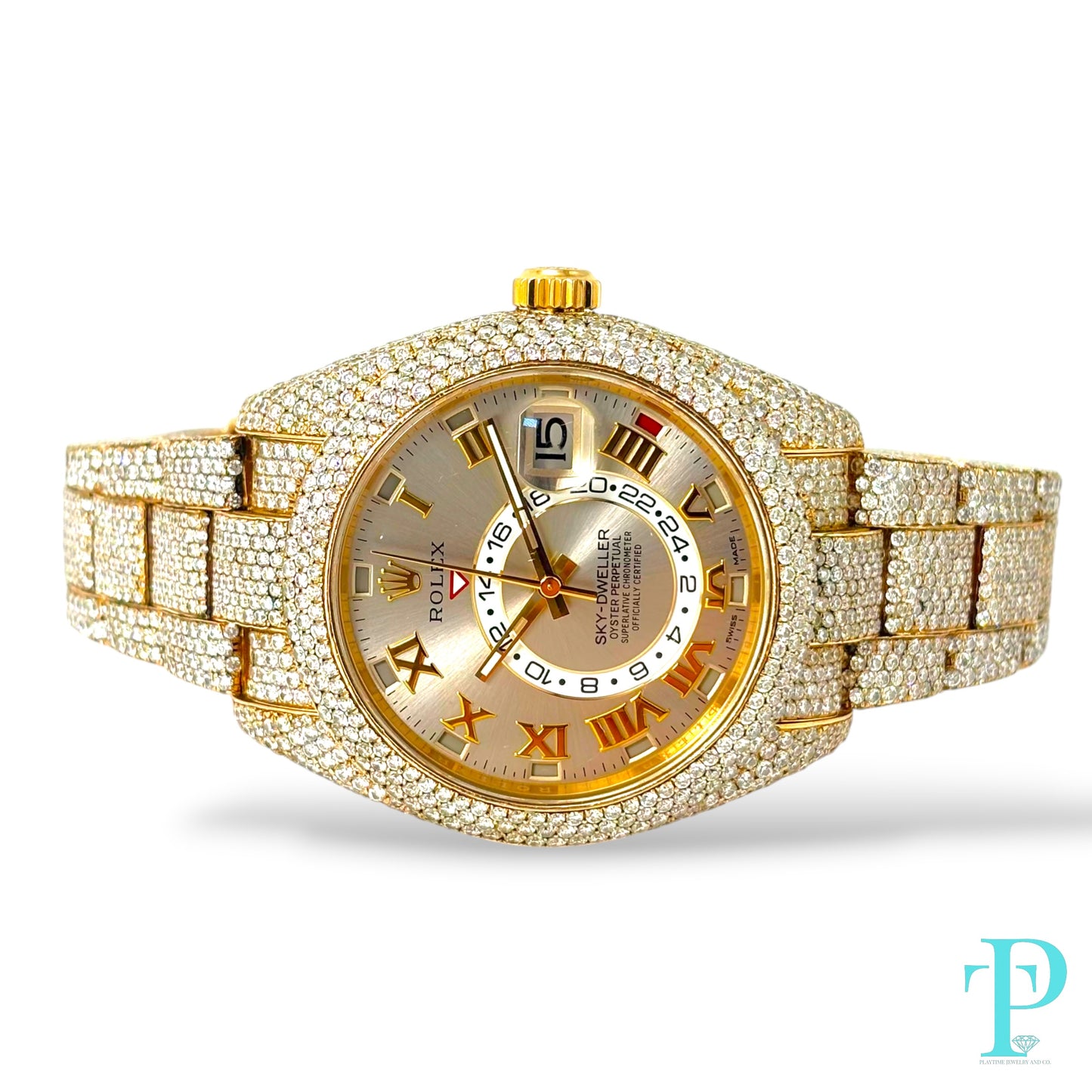 42MM 18KT ROSE GOLD ROLEX SKY-DWELLER PAVE VVS-1 DIAMOND BUSTDOWN MENS WATCH