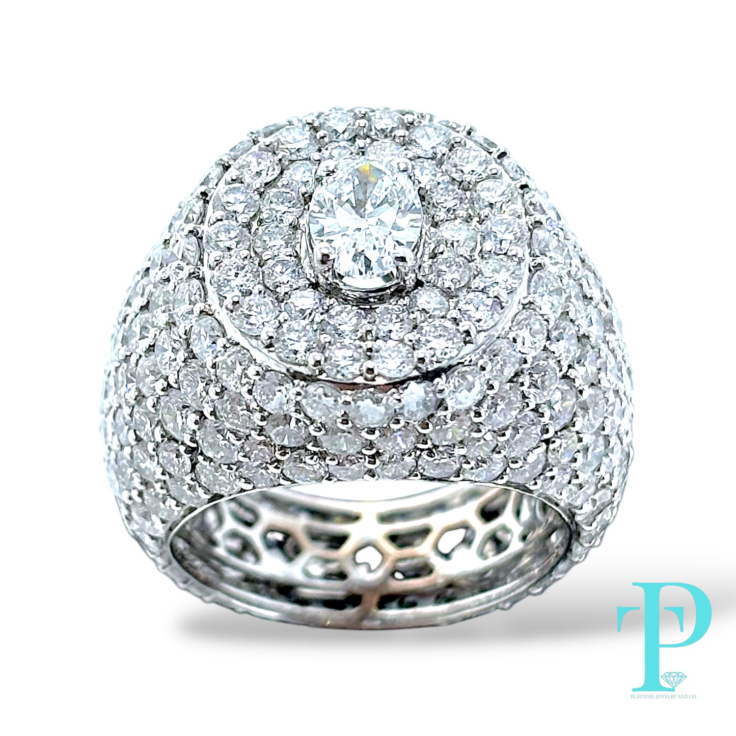 14KT WHITE GOLD “ICEBERG” RING 9.22CTW VVS-1 LAB-GROWN DIAMOND SIGNET RING