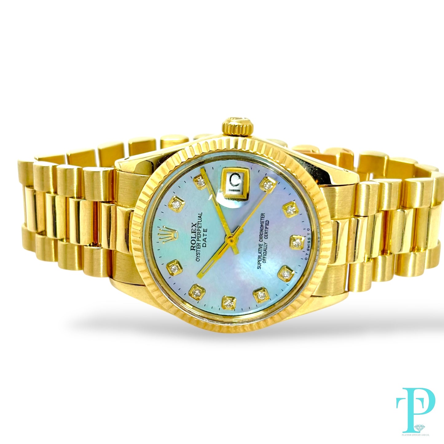 34MM ROLEX DATE REF.1510 / 14KT SOLID GOLD / MOP DIAL / PRESIDENTIAL BRACELET / AUTOMATIC