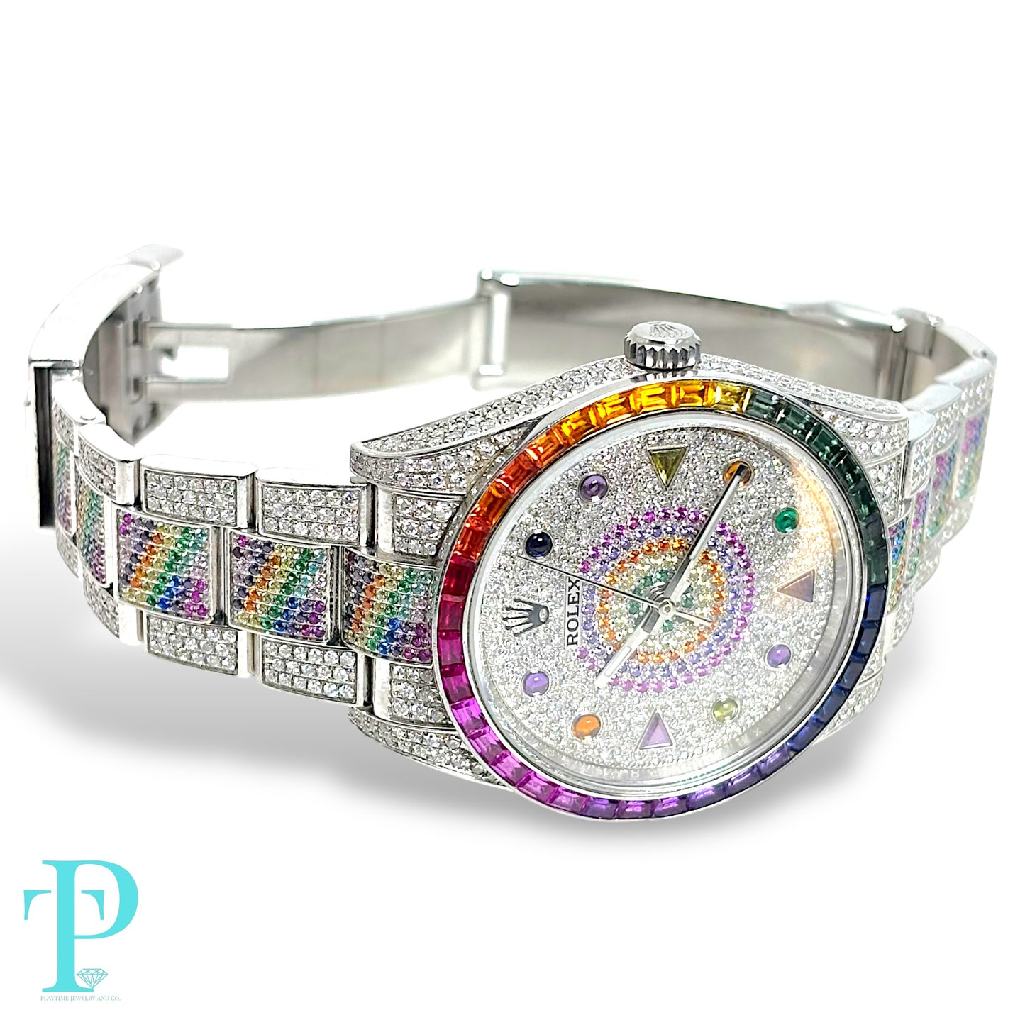 41MM ROLEX DATEJUST RAINBOW SAPPHIRE & DIAMOND BUSTDOWN MEN’S WATCH / REF. 116300