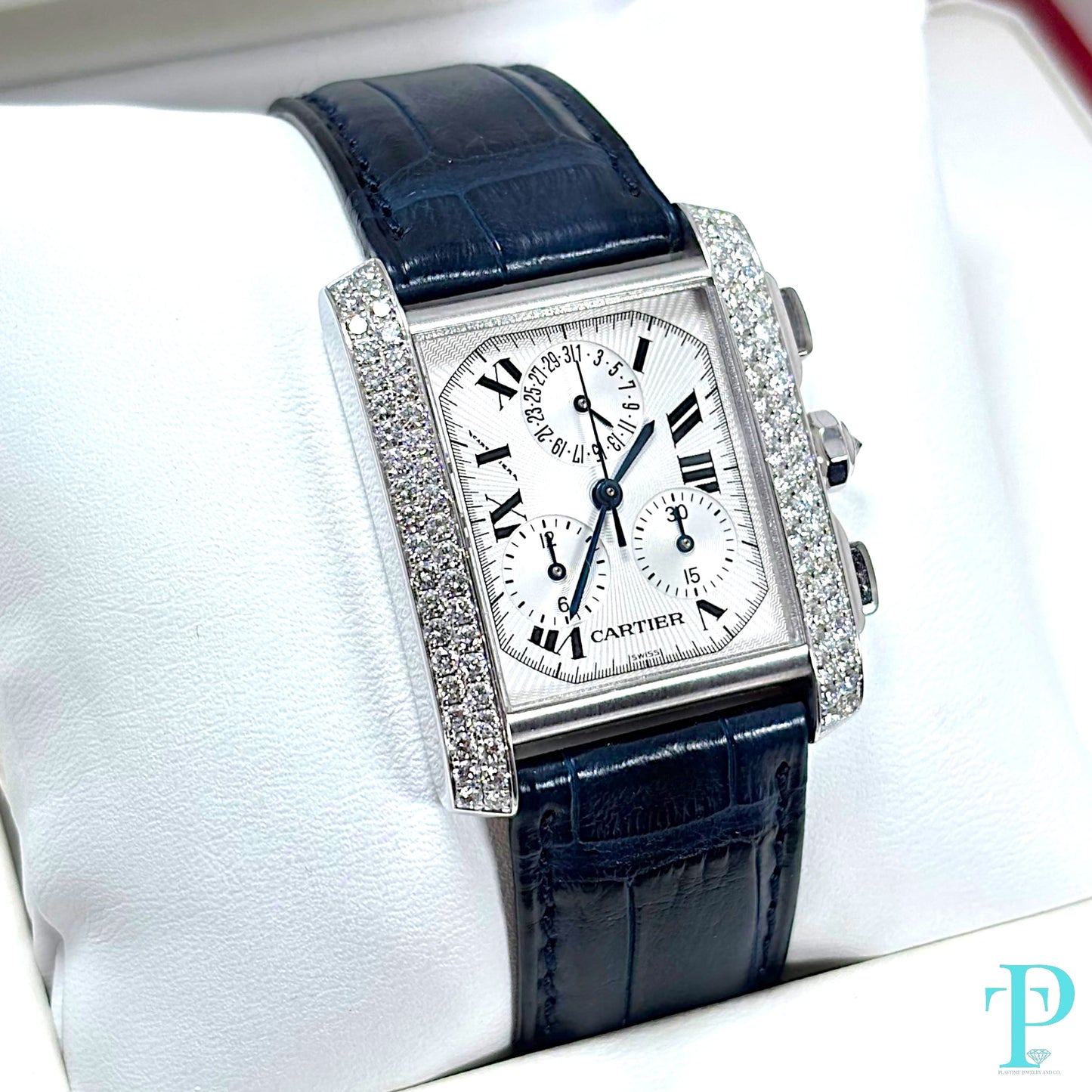 28MM CARTIER TANK FRANÇAISE CHRONOFLEX / 18KT WHITE GOLD / FACTORY DIAMOND BEZEL