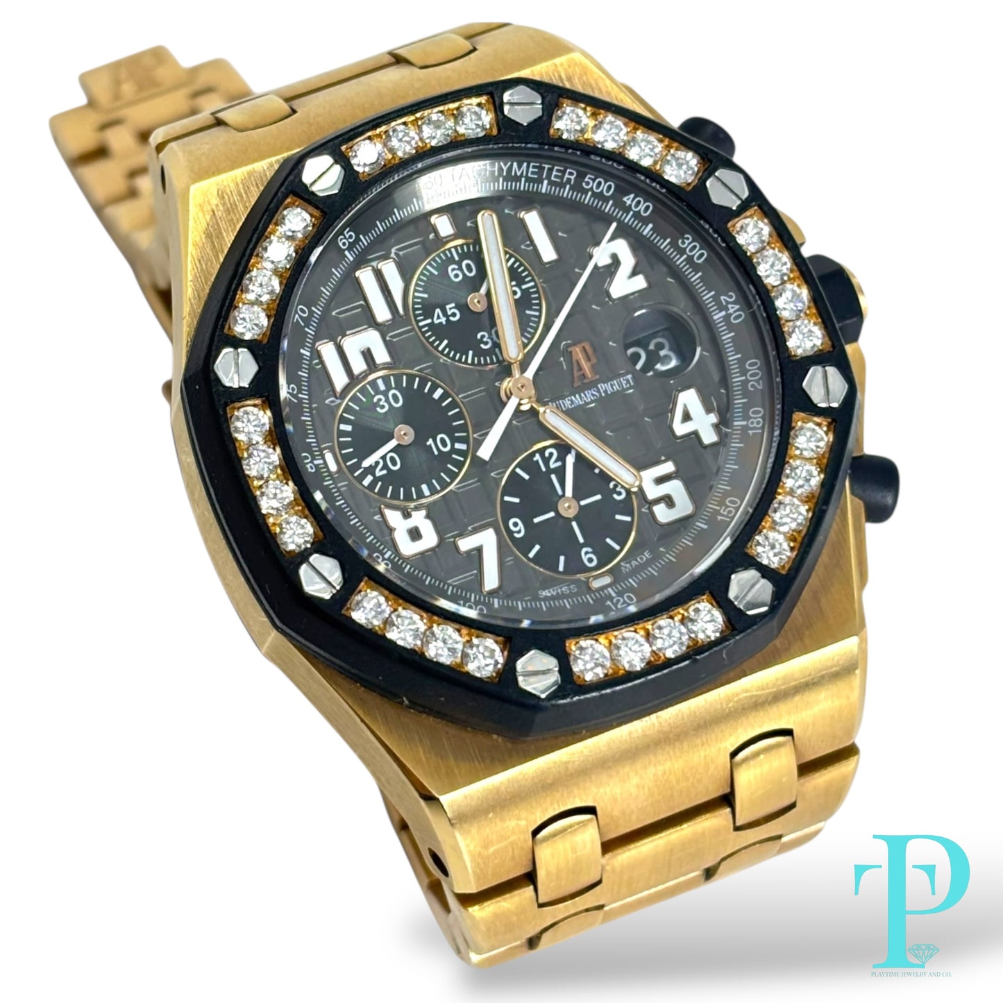 AUDEMARS PIAGUET ROYAL OAK OFFSHORE 44MM / 18KT ROSE GOLD / FACTORY DIAMOND BLACK RUBBER BEZEL / CHRONOGRAPH/ AUTOMATIC