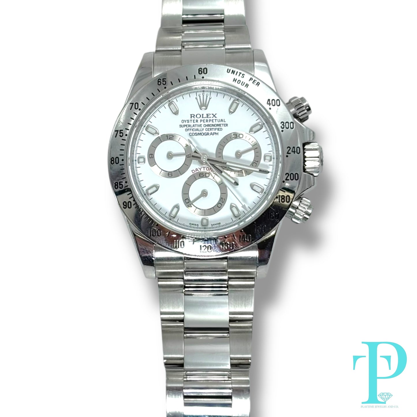 40MM ROLEX DAYTONA / STAINLESS STEEL / WHITE AND SILVER DIAL / OYSTER BRACELET / CHRONOGRAPH / AUTOMATIC MOVEMENT / REF.116520