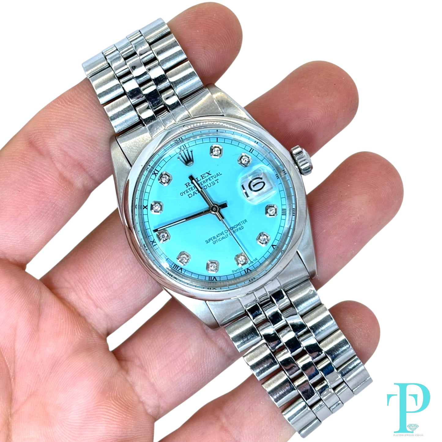 36MM ROLEX DATEJUST REF.16013 STAINLESS STEEL / TIFFANY BLUE DIAMOND DIAL