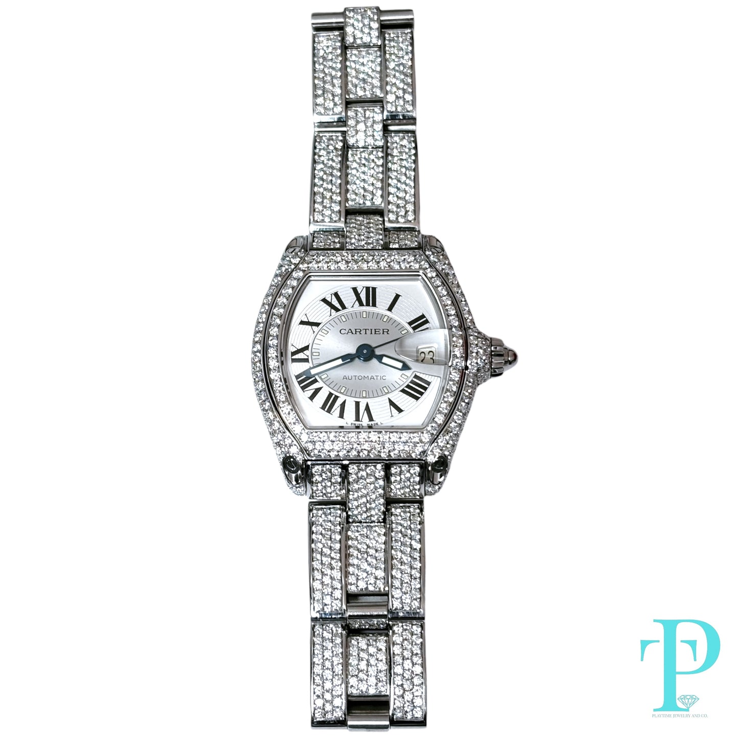 38MM CARTIER ROADSTER BUSTDOWN/DIAMOND ENCRUSTED REF. 2510 STAINLESS STEEL / WHITE ROMAN DIAL / AUTOMATIC MOVEMENT
