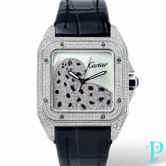 PRE-OWNED 34MM CARTIER SANTOS 1/1 CUSTOM DIAMOND SET WATCH