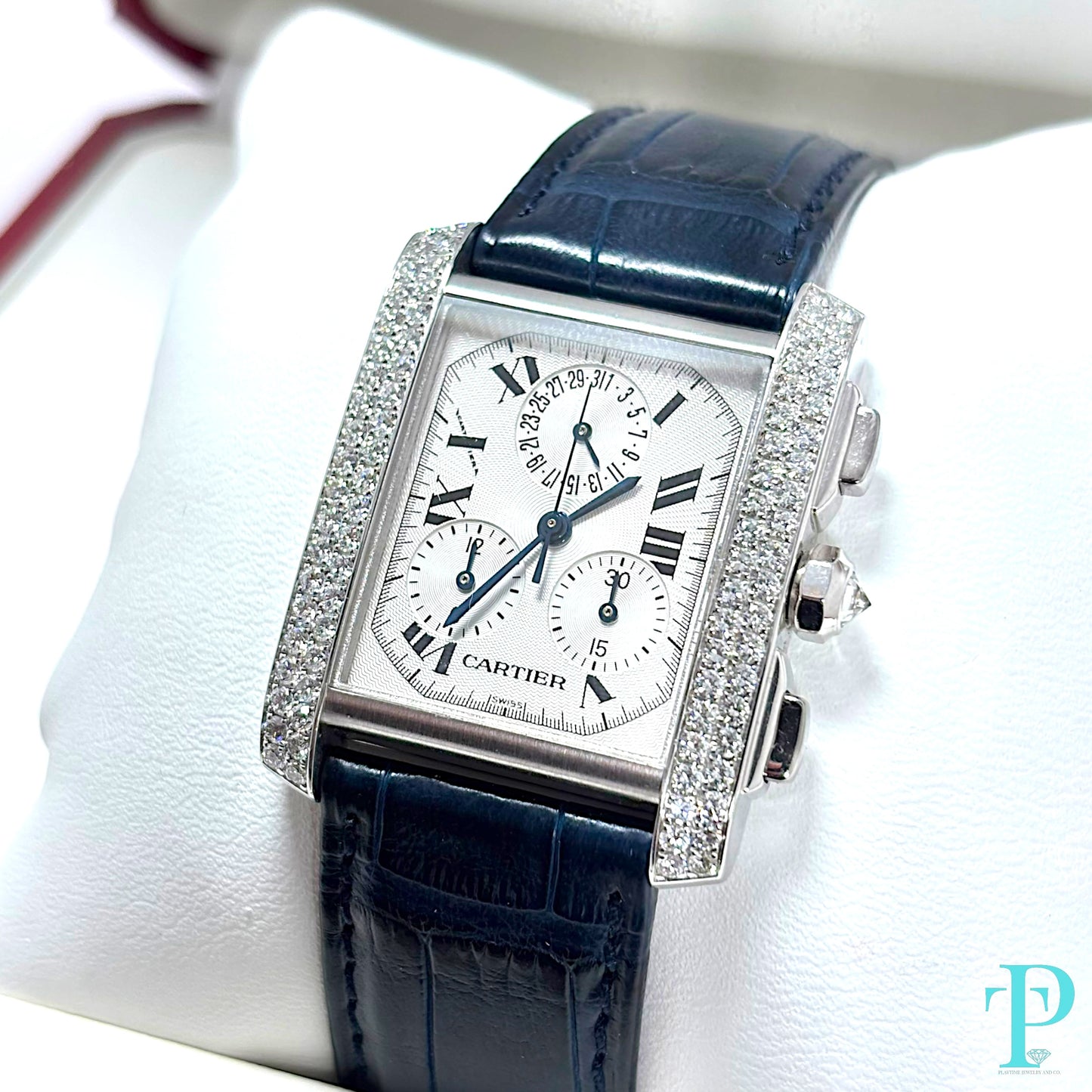 28MM CARTIER TANK FRANÇAISE CHRONOFLEX / 18KT WHITE GOLD / FACTORY DIAMOND BEZEL
