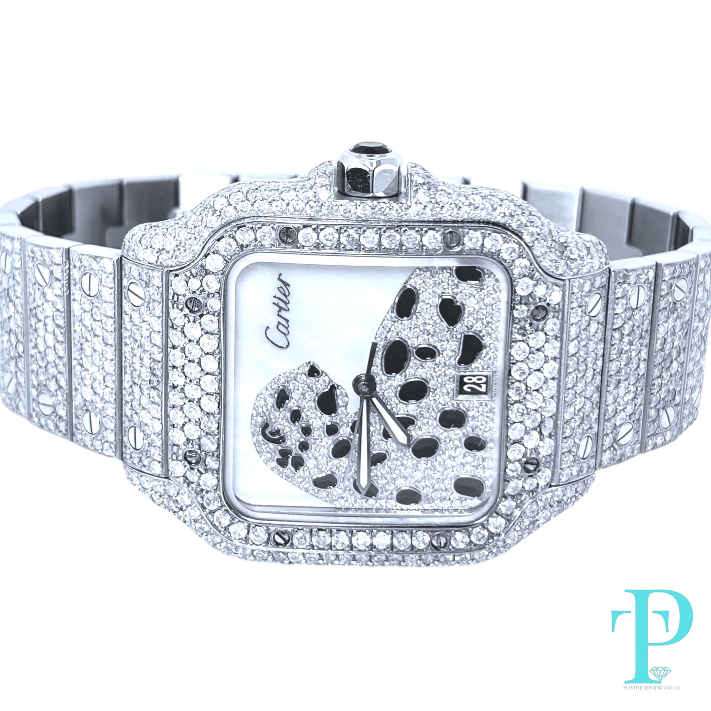 40MM CARTIER SANTOS BUSTDOWN/DIAMOND ENCRUSTED REF.4072 STAINLESS STEEL / MOP DIAMOND DIAL