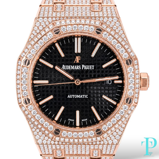 PRE-OWNED 41MM AUDEMARS PIGUET “AP” ROYAL OAK 18KT ROSE GOLD 28CTW NATURAL DIAMOND VVS-1 BUSTDOWN