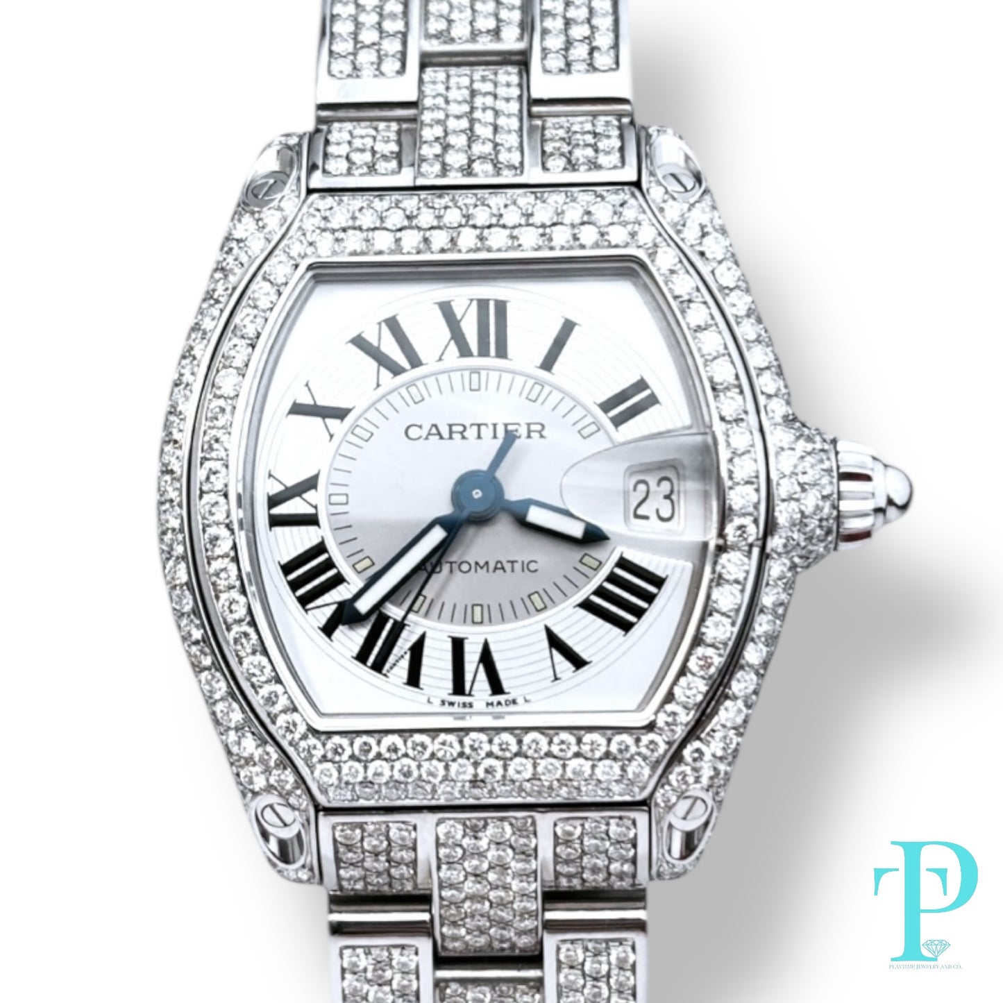 38MM CARTIER ROADSTER BUSTDOWN/DIAMOND ENCRUSTED REF. 2510 STAINLESS STEEL / WHITE ROMAN DIAL / AUTOMATIC MOVEMENT